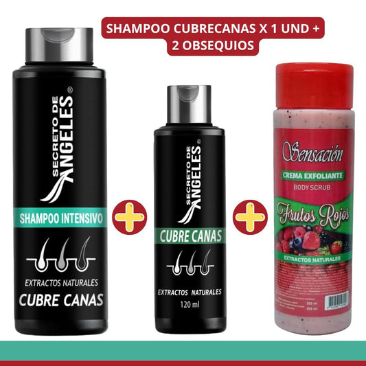 SHAMPOO CUBRE CANAS X2 + EXFOLIANTE CORPORAL DE FRESA